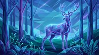 Mystical deer with glowing antlers standing in enchanted forest with blue and purple lighting effects for fantasy artwork and magical themed designs.