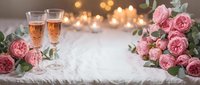 Romantic celebration setup with champagne glasses and pink roses on white fabric with warm bokeh lights for wedding anniversary or Valentine's Day events.