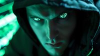 Mysterious hooded figure with glowing green eyes in dark atmospheric lighting creates dramatic cyberpunk mood for gaming and fantasy projects.