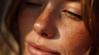 Close-up portrait of young woman with freckles in warm golden sunlight, eyes closed with long eyelashes, showcasing natural beauty and peaceful expression.