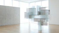 Modern glass sculpture installation in minimalist gallery space with concrete walls and wooden floors for contemporary art exhibitions.