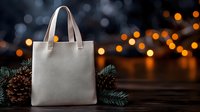 Elegant beige leather tote bag with pine branches and cones against blurred holiday bokeh lights background, festive winter shopping concept.