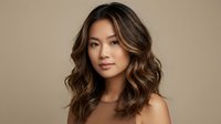 Young Asian woman with wavy brown hair and golden highlights posing against neutral beige background for beauty and fashion photography.