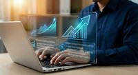 Business professional analyzing financial growth data on laptop with holographic charts and upward trending graphs in modern office environment.