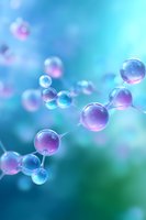 Molecular structure with glowing spheres connected by light beams on turquoise and blue background, creating ethereal scientific visualization effect.