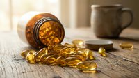 Golden omega-3 fish oil capsules spilling from amber glass bottle on rustic wooden table with ceramic mug in soft natural light for health supplement concept.