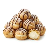 Freshly baked cream puffs with chocolate drizzle and powdered sugar, isolated on white background. Perfect for bakery, dessert, and food photography projects.
