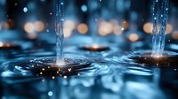 Mesmerizing water drops falling in dark blue environment creating concentric ripples with bokeh light effects in background, macro photography of liquid surface.