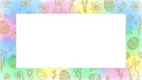 Easter spring frame with colorful watercolor background and hand drawn doodle elements including eggs, flowers, rabbits for greeting cards and designs.
