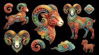 Ornate decorative goat and ram designs with intricate patterns, isolated on transparent background. Ready for t-shirt designs, clipart, stickers, sublimation, and print-on-demand products.