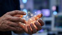 Man holding glowing digital network mesh in hands against blurred tech background, representing data connectivity, innovation, and future technology solutions.