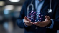 Doctor holding glowing digital network sphere representing medical technology and healthcare innovation in modern hospital setting.