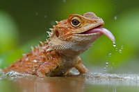 Bearded dragon lizard with tongue out in water droplets against green background, close-up macro photography showing detailed scales and spikes.