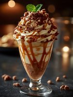 Luxurious chocolate milkshake topped with whipped cream, caramel drizzle, crushed nuts and fresh mint leaf garnish in elegant glass against dark moody background.