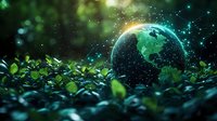 Glowing planet Earth among green leaves with magical sparkles and bokeh effects in dark environment, environmental concept for sustainability and nature conservation.