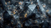 Dark crystal formations with glowing golden particles creating magical atmosphere against black background. Macro photography of mineral structure.