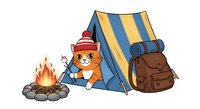 Cartoon cat wearing red winter hat sitting by campfire next to striped tent and brown backpack, isolated on white background for camping and outdoor adventure designs.