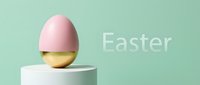 Pastel pink and gold Easter egg on a white podium against a mint green background with Easter text, minimalist holiday concept.