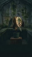 Potted houseplant with large tropical leaves sits on wooden surface in atmospheric gothic stone archway interior with dramatic moody lighting and shadows.