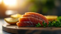 Fresh raw salmon sashimi slices on wooden cutting board with lemon and parsley garnish, soft natural lighting creates appetizing mood for restaurant menu.