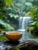 Serene cup of hot tea on mossy rock with tropical waterfall in background, framed by lush green foliage, creating peaceful zen atmosphere for wellness and meditation.