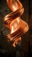Glowing copper wire twisted in spiral formation against dark textured background, showcasing metallic sheen and luminous energy for design and creative projects.