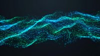 Digital wave of glowing particles flowing across dark background, representing data stream, technology, network connectivity, and futuristic digital transformation for tech concepts.