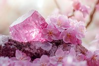 Pink rose quartz crystal cluster with delicate cherry blossom flowers, creating harmonious natural composition against soft blurred background.