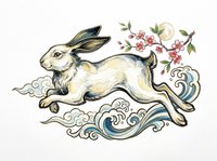 Leaping rabbit with flowing clouds and cherry blossoms, isolated on transparent background. Ready for t-shirt design, clipart, stickers, sublimation, and print-on-demand products.