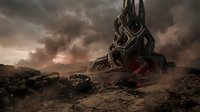 Alien spacecraft wreckage lies abandoned on desolate terrain beneath stormy skies, depicting post-apocalyptic destruction and extraterrestrial invasion aftermath for sci-fi projects.