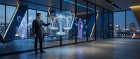 Professional businessman in dark suit standing in futuristic office with holographic displays and city skyline view through floor-to-ceiling windows at night.