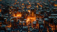 Glowing orange circuit board macro view with electronic components and pathways creating futuristic cityscape effect, technology concept background.