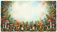 Enchanted forest floor with colorful mushrooms, toadstools, and lush foliage creating a whimsical woodland border frame with central copy space.