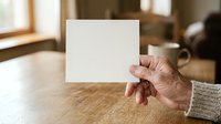 Hand holding blank white card on wooden table with warm interior background, suitable for mockups, greeting cards, invitations, and promotional designs.