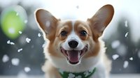 Happy Pembroke Welsh Corgi dog with green collar smiling at camera during winter snowfall, showing cheerful expression against blurred snowy background.