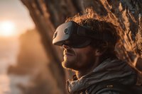 Man with beard wearing virtual reality headset at sunset against rocky backdrop, experiencing immersive technology outdoors.