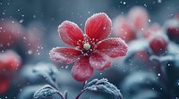 Delicate red flower covered in frost and snow crystals against blurred winter background, creating magical seasonal atmosphere with soft bokeh effect.