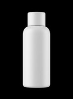 White cosmetic bottle with screw cap isolated on transparent background, ready for product packaging design, labels, mockups, sublimation, and print-on-demand applications.