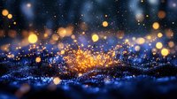 Magical glowing particles and bokeh lights creating ethereal atmosphere against dark background with golden sparkles and blue luminous waves.