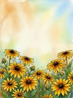 Watercolor yellow daisy flowers border frame with soft pastel sky background for spring summer greeting cards and botanical design projects.