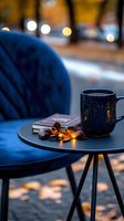 Cozy autumn evening with blue velvet chair, dark mug of hot drink, book and fairy lights on black side table against blurred bokeh background.
