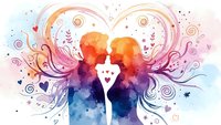 Watercolor silhouette of couple with flowing hair and decorative swirls in vibrant rainbow colors on white background for romantic design projects.