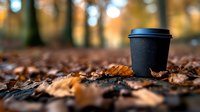 Black takeaway coffee cup on autumn fallen leaves with blurred bokeh forest background in warm orange tones, cozy fall season atmosphere.