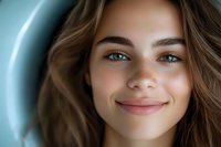 Close up portrait of young Caucasian woman with freckles, wavy brown hair and blue eyes smiling genuinely against turquoise background. Natural beauty concept.