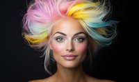 Young woman with vibrant rainbow colored hair styled upward against dark background, bright makeup and natural smile showing creative beauty and fashion styling.