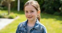 Young blonde Caucasian girl smiling outdoors in denim jacket and striped shirt on sunny day in park setting for family lifestyle content.
