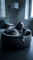 Gray tabby cat resting in chunky knit bed near window with floor lamp in modern home interior, suitable for pet care and home decor content.