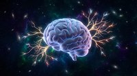 Human brain with glowing neural networks and electrical synapses against cosmic space background for neuroscience and medical education concepts.