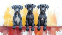 Three identical black Great Dane puppies sitting in a row against watercolor background, artistic pet portrait showing their white chest markings and alert expressions.