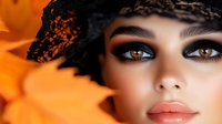 Close up portrait of young Middle Eastern woman with amber eyes and black lace veil against vibrant orange background, showcasing dramatic makeup and flawless complexion.